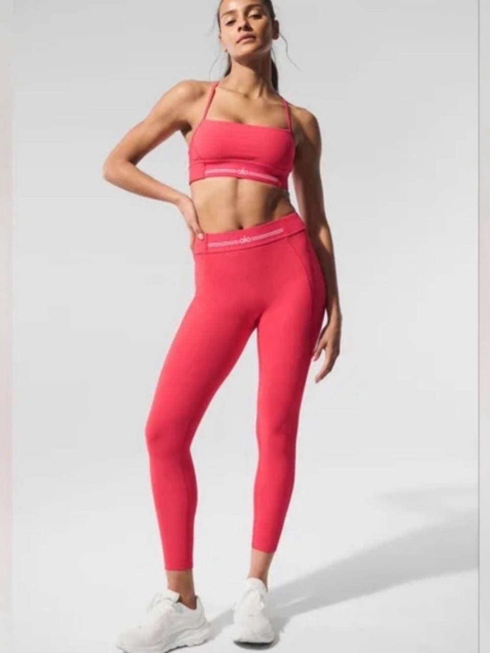 ALO Yoga Women's Bright Coral Seamless Sports Bra and Leggings Set